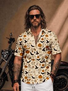 Fenqiro Men's Halloween Pumpkin, Bat & Witch Hat Print Shirt, Short Sleeve Button-Up Top For Costume Parties, Fall Festivals And Casual Wear - Multicolor - View 4
