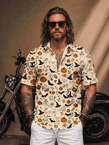 Fenqiro Men's Halloween Pumpkin, Bat & Witch Hat Print Shirt, Short Sleeve Button-Up Top For Costume Parties, Fall Festivals And Casual Wear - Multicolor - View 1