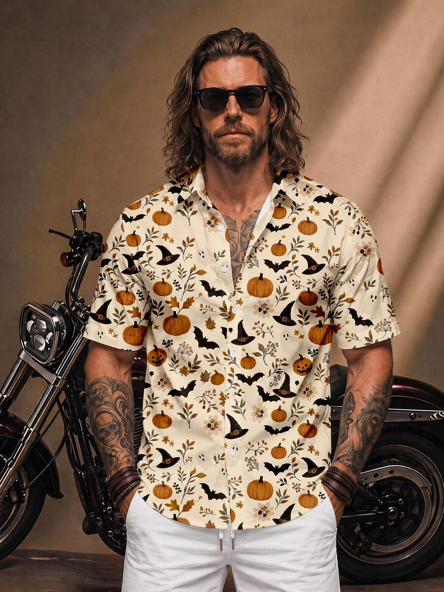 Fenqiro Men's Halloween Pumpkin, Bat & Witch Hat Print Shirt, Short Sleeve Button-Up Top For Costume Parties, Fall Festivals And Casual Wear - Multicolor - View 1