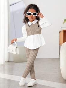 SHEIN Young Girls 2-In-1 Layered Long Sleeve Blouse Shirt & Pants 2pcs/Set Textured Knit Elegant Fall Winter School Outfit - Apricot - View 5