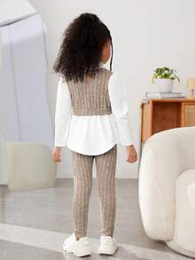 SHEIN Young Girls 2-In-1 Layered Long Sleeve Blouse Shirt & Pants 2pcs/Set Textured Knit Elegant Fall Winter School Outfit - Apricot - View 3