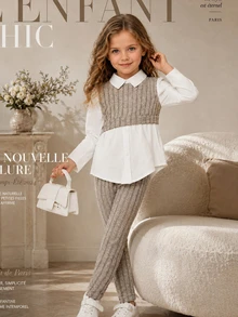 SHEIN Young Girls 2-In-1 Layered Long Sleeve Blouse Shirt & Pants 2pcs/Set Textured Knit Elegant Fall Winter School Outfit - Apricot - View 4