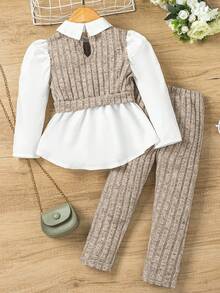 SHEIN Young Girls 2-In-1 Layered Long Sleeve Blouse Shirt & Pants 2pcs/Set Textured Knit Elegant Fall Winter School Outfit - Apricot - View 8