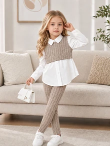 SHEIN Young Girls 2-In-1 Layered Long Sleeve Blouse Shirt & Pants 2pcs/Set Textured Knit Elegant Fall Winter School Outfit - Apricot - View 2