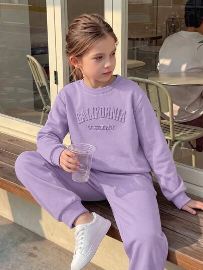 SHEIN Tween Girls 2 Piece Sweatshirt Jogger Set, California Graphic, Crew Neck Long Sleeve Fleece Lined Outfit For School, Sports, Party, Fall/Winter