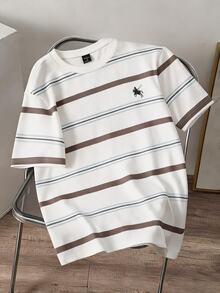 Manfinity Joysei Men's Crew Neck Casual Striped Print T-Shirt, Simple & Versatile - Apricot - View 5