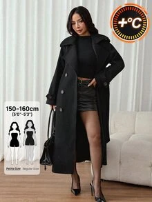 SHEIN PETITE 1pc Women's Solid Color Long Sleeve Button-Up Collar Casual Jacket, Autumn/Winter Daily Wear - Black - View 5