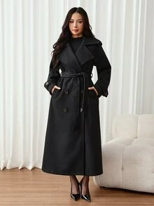 SHEIN PETITE 1pc Women's Solid Color Long Sleeve Button-Up Collar Casual Jacket, Autumn/Winter Daily Wear - Black - View 9