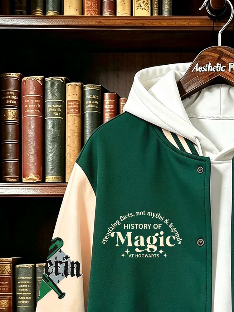 HARRY POTTER X SHEIN Manfinity Campus Court جاكيت رياضي رجالي بتصميم ألوان متباينة مع رسومات حروف وثعبان، جاكيت بيسبول بأزرار أمامية للارتداء اليومي والملابس الكاجوال والخروجات - متعدد الألوان - مشاهدة 4