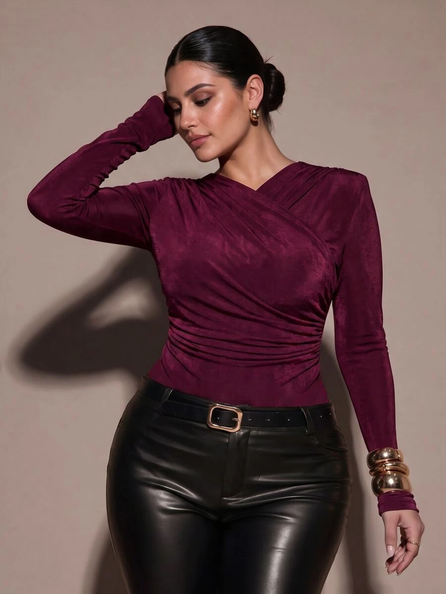 SHEIN BAE CURVE Plus Size Women's Solid Color Fitted Versatile Daily Long Sleeve Bodysuit Autumn Outfits For Women Festival Outfits For Women Burgundy Bodysuit,Basic - Burgundy - View 1