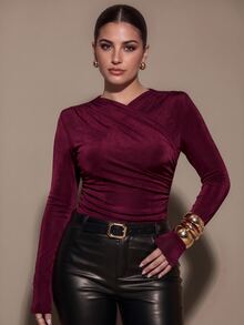 SHEIN BAE CURVE Plus Size Women's Solid Color Fitted Versatile Daily Long Sleeve Bodysuit Autumn Outfits For Women Festival Outfits For Women Burgundy Bodysuit,Basic - Burgundy - View 7