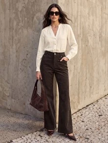 Anewsta Women's Dark Brown Corduroy Trousers With Rivet Pockets, Elegant Business Casual Flared Pants For Work Office Commute Teachers' Day Autumn - Coffee Brown - View 2