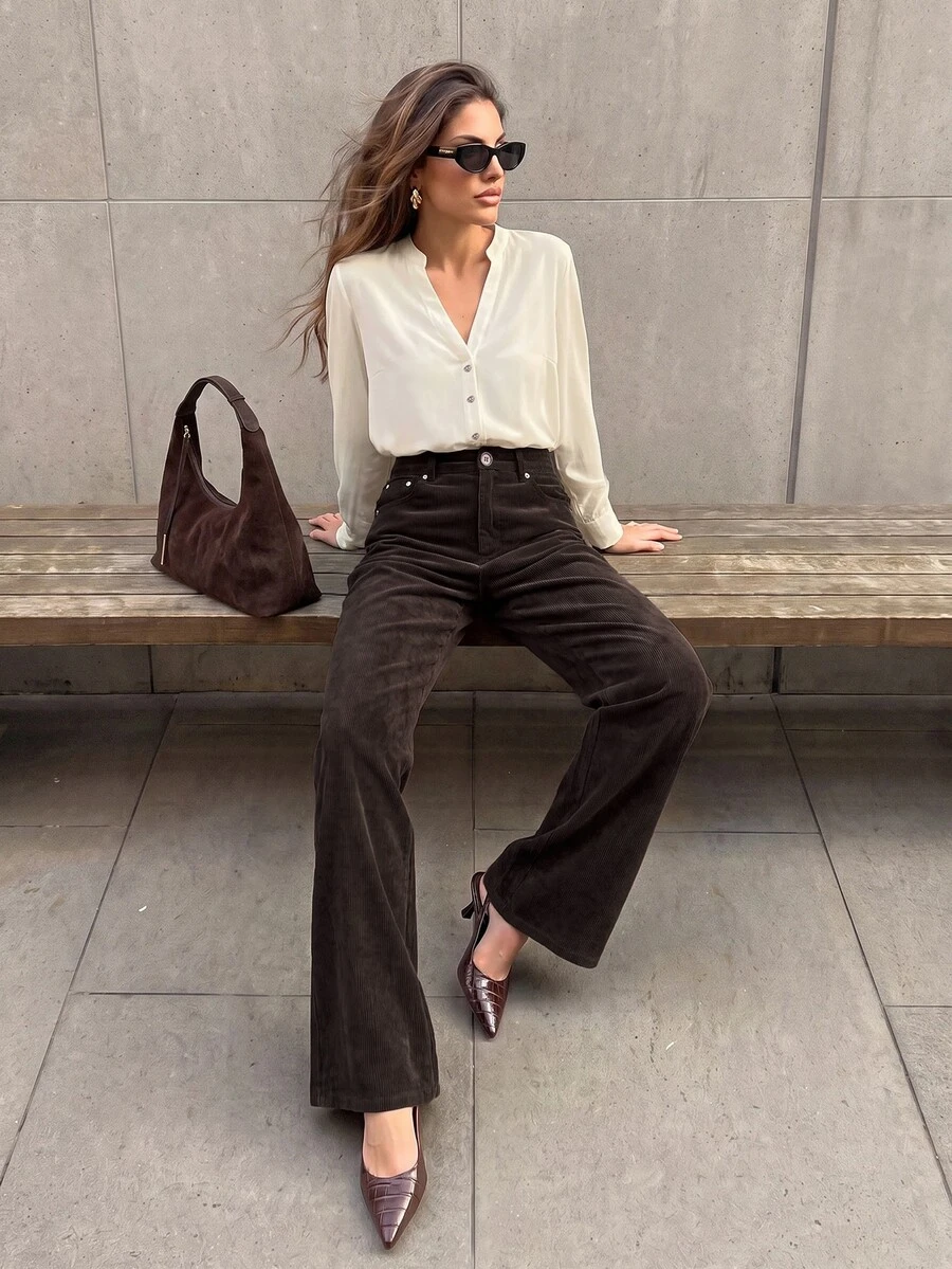 Anewsta Women's Dark Brown Corduroy Trousers With Rivet Pockets, Elegant Business Casual Flared Pants For Work Office Commute Teachers' Day Autumn - Coffee Brown - View 1