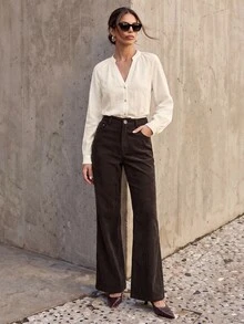 Anewsta Women's Dark Brown Corduroy Trousers With Rivet Pockets, Elegant Business Casual Flared Pants For Work Office Commute Teachers' Day Autumn - Coffee Brown - View 4