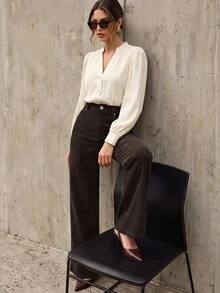Anewsta Women's Dark Brown Corduroy Trousers With Rivet Pockets, Elegant Business Casual Flared Pants For Work Office Commute Teachers' Day Autumn - Coffee Brown - View 5