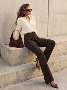 Anewsta Women's Dark Brown Corduroy Trousers With Rivet Pockets, Elegant Business Casual Flared Pants For Work Office Commute Teachers' Day Autumn - Coffee Brown - View 6