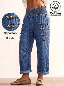 Bohemela Autumn/Winter Boho Casual Solid Color Woven Loose Low Waist Women's Long Pants - Blue - View 2