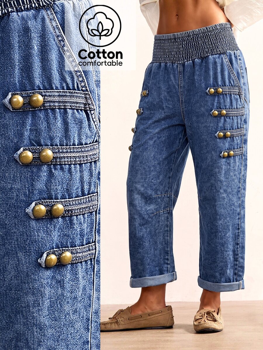 Bohemela Autumn/Winter Boho Casual Solid Color Woven Loose Low Waist Women's Long Pants - Blue - View 1