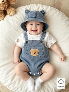 SHEIN 3件組新生兒可愛卡通熊印花連身衣、帽子與短袖套裝，柔軟布料藍白條紋，夏季休閒度假款 0-1歲 - 藍色 - 查看 5