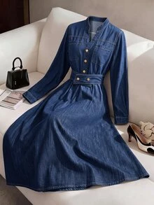 GlowEve Women's Pleated Casual Daily Summer Denim Dress - Blue - View 1
