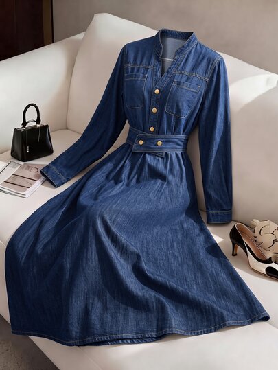 GlowEve Women's Pleated Casual Daily Summer Denim Dress