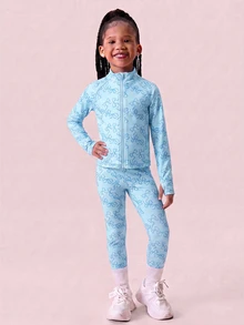 SHEIN 女童粉色蝴蝶結印花夾克褲裝套裝，專為小女孩設計，採用柔軟彈性面料，舒適適合全天穿著，適用於玩耍、戶外活動與日常休閒，四季皆宜的時尚實用童裝 - 藍色 - 查看 6
