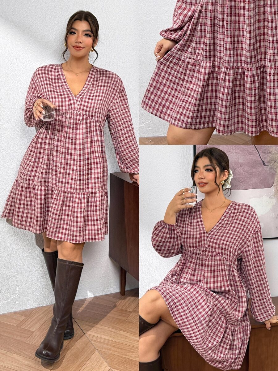 SHEIN Frenchy Gaun Minimalis Lengan Panjang Motif Bunga Bertekstur Model A-Line Warna Polos Ukuran Besar untuk Musim Gugur/Dingin, Cocok untuk Pesta, Acara Kumpul-kumpul, dan Pakaian Sehari-hari di Musim Gugur/Dingin