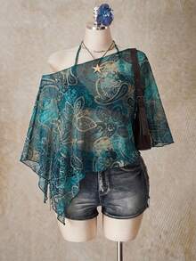 SHEIN ICON Paisley Pattern Plus Size Women's Asymmetric Collar Batwing Sleeve Loose Top - Multicolor - View 4
