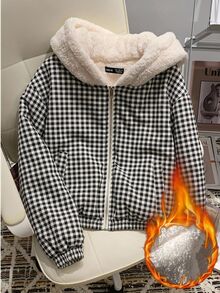 SHEIN EZwear Autumn/Winter New Apricot Thickened Thermal Lined Hooded Short Jacket For Women - Coffee Brown - View 8