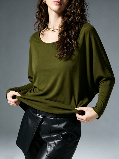 MYSTAURA Autumn Casual Solid Color Batwing Sleeve Top