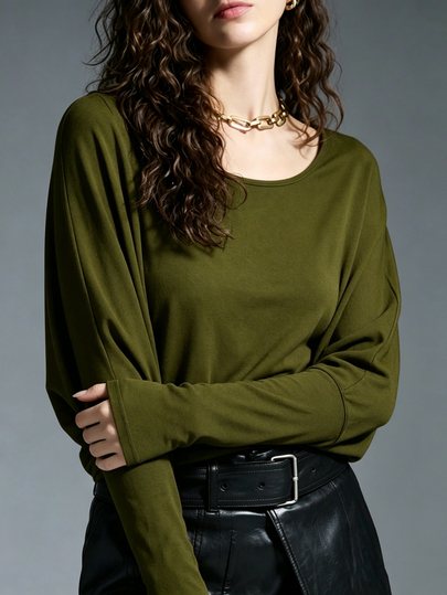 MYSTAURA Autumn Casual Solid Color Batwing Sleeve Top