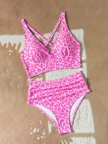 Swim Basics 2025 Women's Summer Beach Vacation Leopard Print V-Neck Tankini Bikini Set - Multicolor - View 3