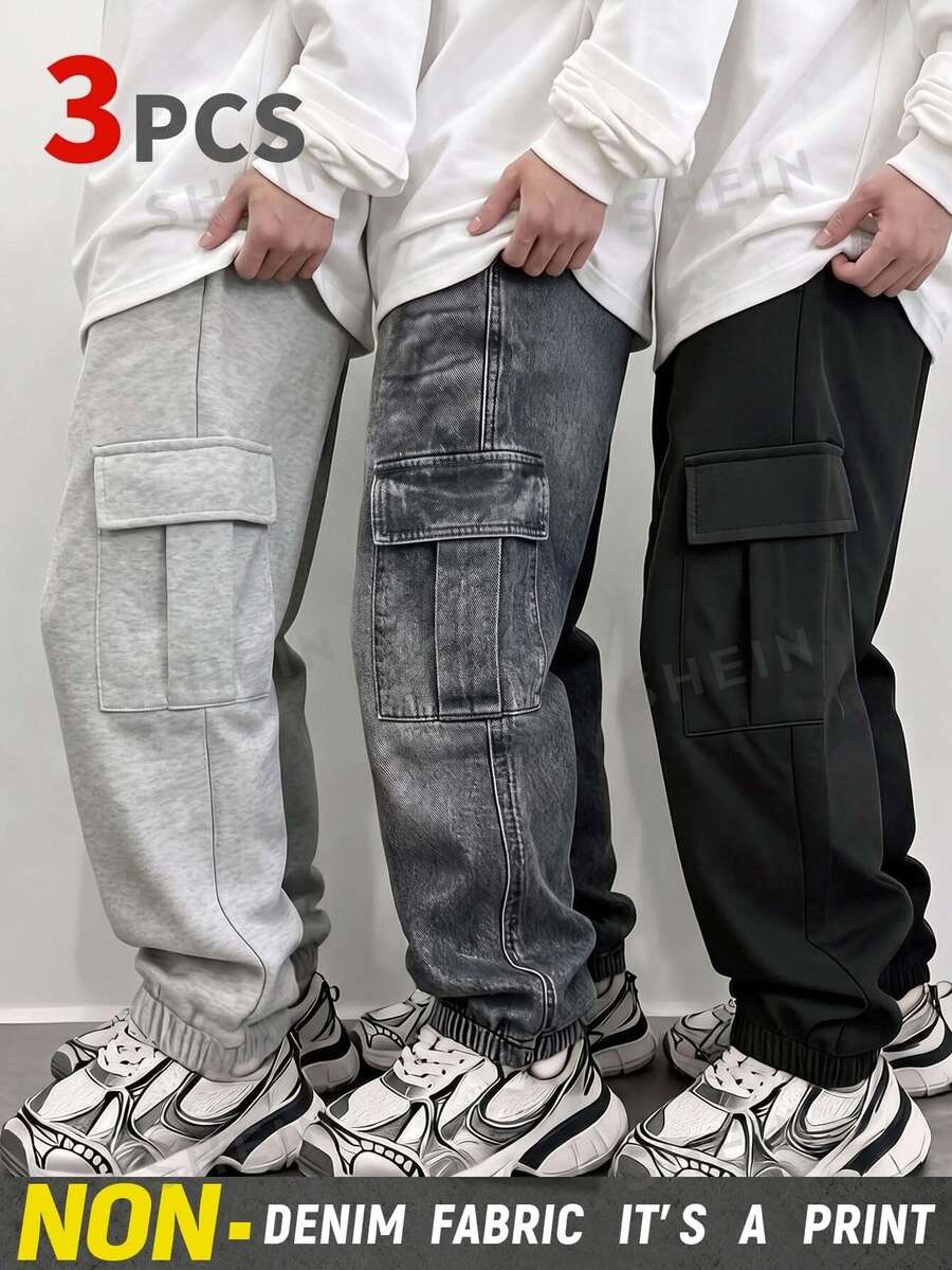 SHEIN Genkimix Kids Young Boy Simple Versatile Cargo Sweatpants 3 Pieces Set Autumn Winter - Multicolor - View 1