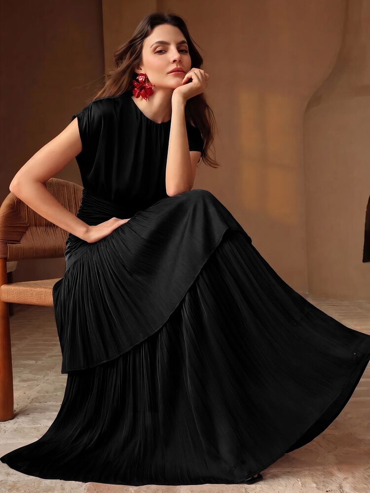 Anewsta Women's New Autumn/Winter Black Elegant Batwing Sleeve Cinched Waist Asymmetrical Ruffle Double Layer Full Skirt Dress For Vacation, Party, Gathering And Daily Wear - Black - View 5