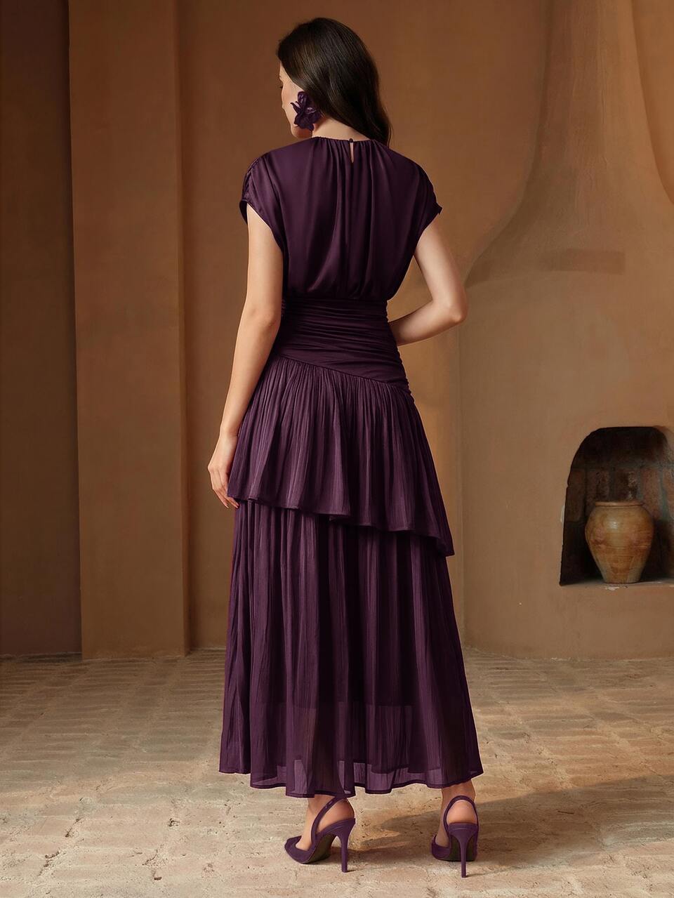 Anewsta Elegant Women's Purple Organza A Line Long Dress With Ruched Tiered Layer And Batwing Short Sleeve Round Neck