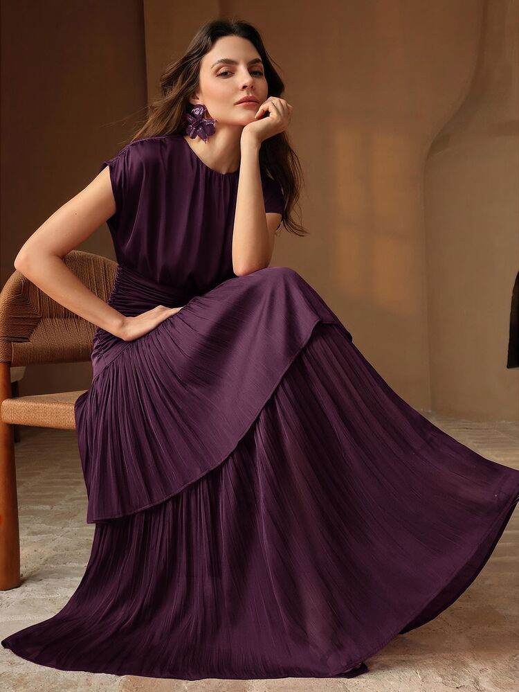Anewsta Women's Summer Elegant Mature Batwing Sleeve Cinched Waist Asymmetrical Ruffle Double Layer Flared Dress, Wedding, Party Dinner Cocktail Dark Purple - Purple - View 5
