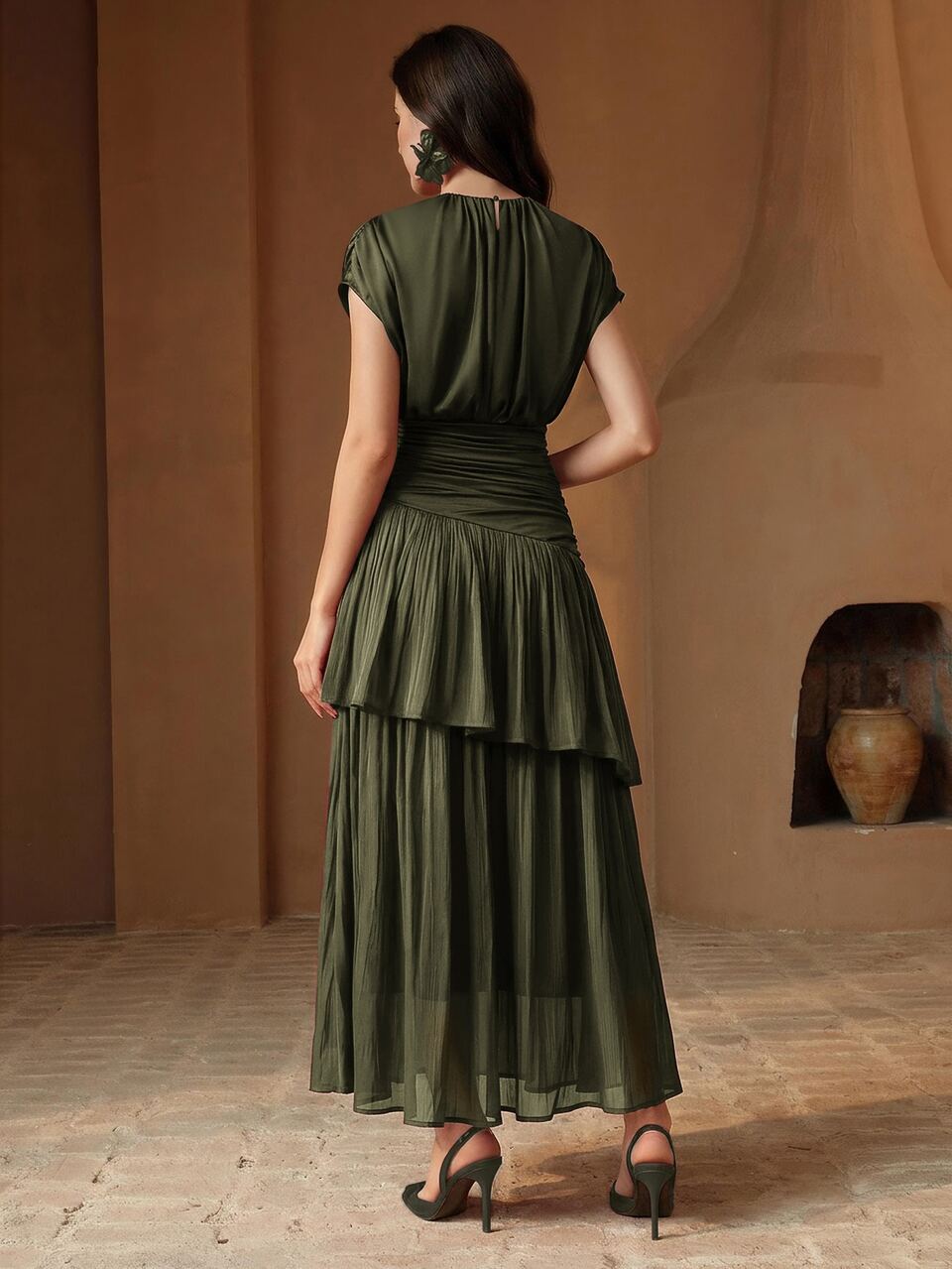 Anewsta Elegant Women's A Line Long Dress With Round Neck Short Batwing Sleeves Ruched And Tiered Layer Hem In Army Green Organza