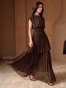 Anewsta Women's Elegant Dark Brown Batwing Sleeve Cinched Waist Asymmetrical Ruffle Layered Dress For Wedding Guest Party Ceremony - Coffee - View 4