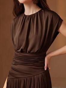 Anewsta Women's Elegant Dark Brown Batwing Sleeve Cinched Waist Asymmetrical Ruffle Layered Dress For Wedding Guest Party Ceremony - Coffee - View 2