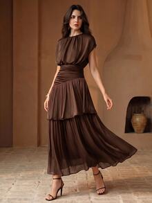 Anewsta Women's Elegant Dark Brown Batwing Sleeve Cinched Waist Asymmetrical Ruffle Layered Dress For Wedding Guest Party Ceremony - Coffee - View 5