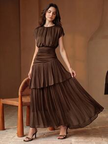 Anewsta Women's Elegant Dark Brown Batwing Sleeve Cinched Waist Asymmetrical Ruffle Layered Dress For Wedding Guest Party Ceremony - Coffee - View 3