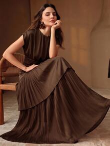 Anewsta Women's Elegant Dark Brown Batwing Sleeve Cinched Waist Asymmetrical Ruffle Layered Dress For Wedding Guest Party Ceremony - Coffee - View 6
