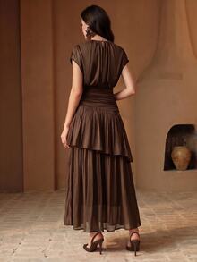 Anewsta Women's Elegant Dark Brown Batwing Sleeve Cinched Waist Asymmetrical Ruffle Layered Dress For Wedding Guest Party Ceremony - Coffee - View 7