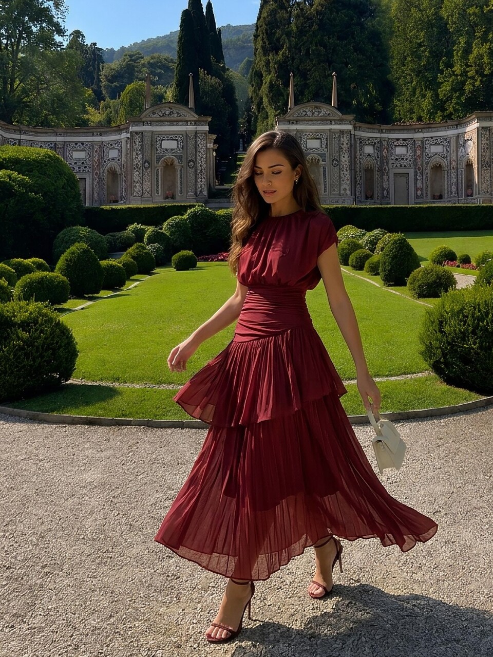Anewsta Elegant Burgundy Organza A Line Long Ruched Tiered Layer Dress With Batwing Short Sleeves And Round Neck