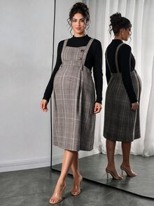 SHEIN Elegant Cute Casual Maternity Solid Color Knit Top Plaid Dress 2 Pieces Set Photoshoot Black Grey Autumn Fall Halloween Thanksgiving - Multicolor - View 9