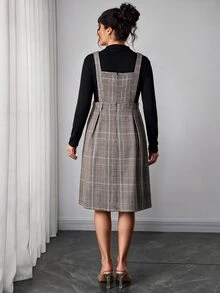 SHEIN Elegant Cute Casual Maternity Solid Color Knit Top Plaid Dress 2 Pieces Set Photoshoot Black Grey Autumn Fall Halloween Thanksgiving - Multicolor - View 2