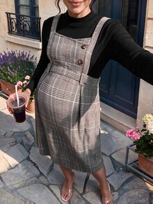 SHEIN Elegant Cute Casual Maternity Solid Color Knit Top Plaid Dress 2 Pieces Set Photoshoot Black Grey Autumn Fall Halloween Thanksgiving - Multicolor - View 6