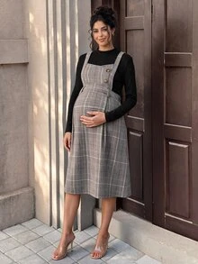 SHEIN Elegant Cute Casual Maternity Solid Color Knit Top Plaid Dress 2 Pieces Set Photoshoot Black Grey Autumn Fall Halloween Thanksgiving - Multicolor - View 5