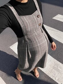 SHEIN Elegant Cute Casual Maternity Solid Color Knit Top Plaid Dress 2 Pieces Set Photoshoot Black Grey Autumn Fall Halloween Thanksgiving - Multicolor - View 3