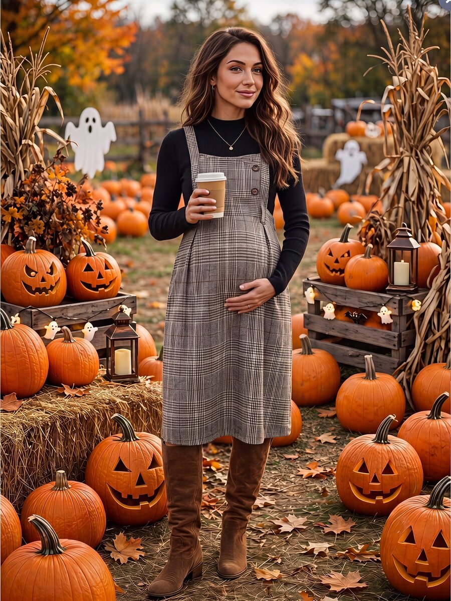 SHEIN Elegant Cute Casual Maternity Solid Color Knit Top Plaid Dress 2 Pieces Set Photoshoot Black Grey Autumn Fall Halloween Thanksgiving - Multicolor - View 1